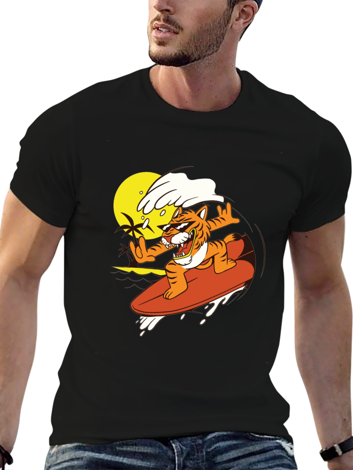Surfing Tiger Graphic Tee - Black T-Shirt