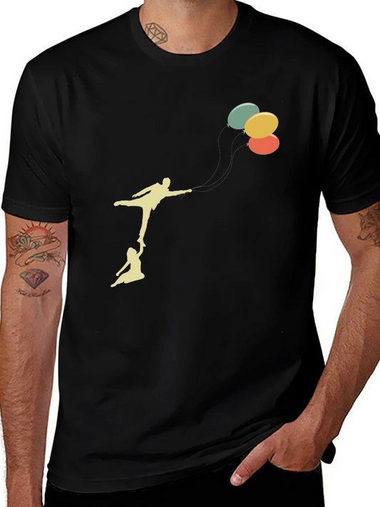 Whimsical Balloon Ride Graphic Tee - Black Cotton Blend