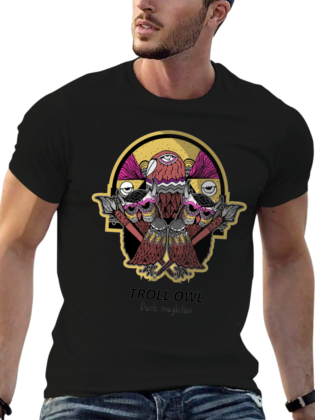 Troll Owl Dark Magician Graphic T-Shirt - Black
