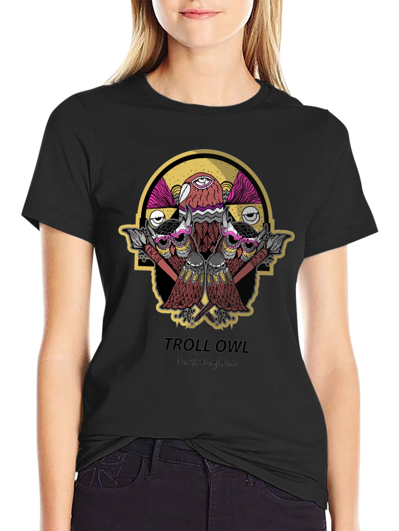 Troll Owl Dark Magician Graphic T-Shirt - Black