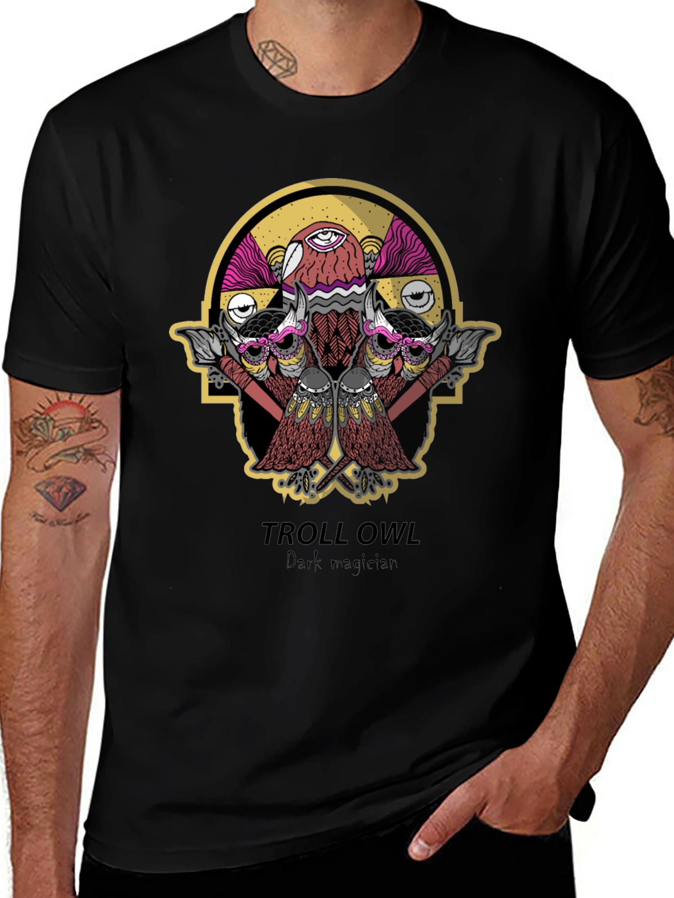 Troll Owl Dark Magician Graphic T-Shirt - Black