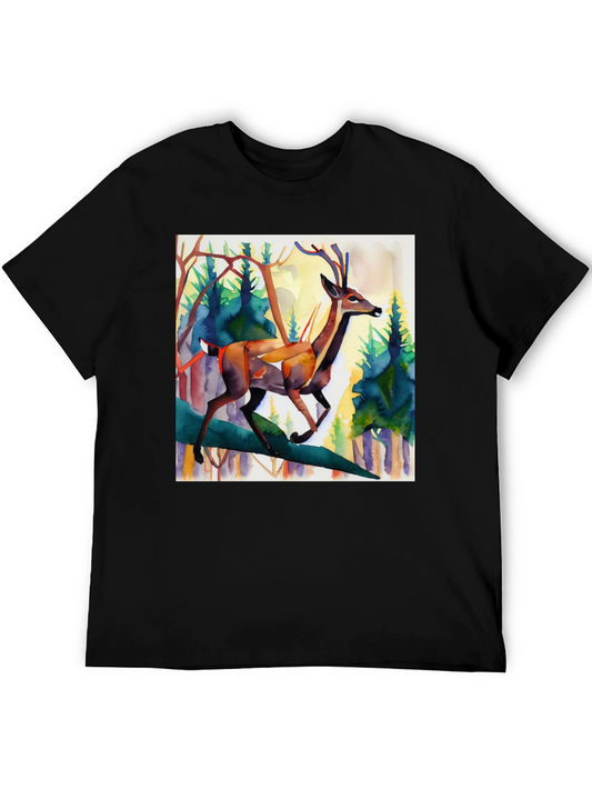 Watercolor Deer Graphic Tee - Mens Black T-Shirt