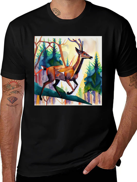 Watercolor Deer Graphic Tee - Mens Black T-Shirt