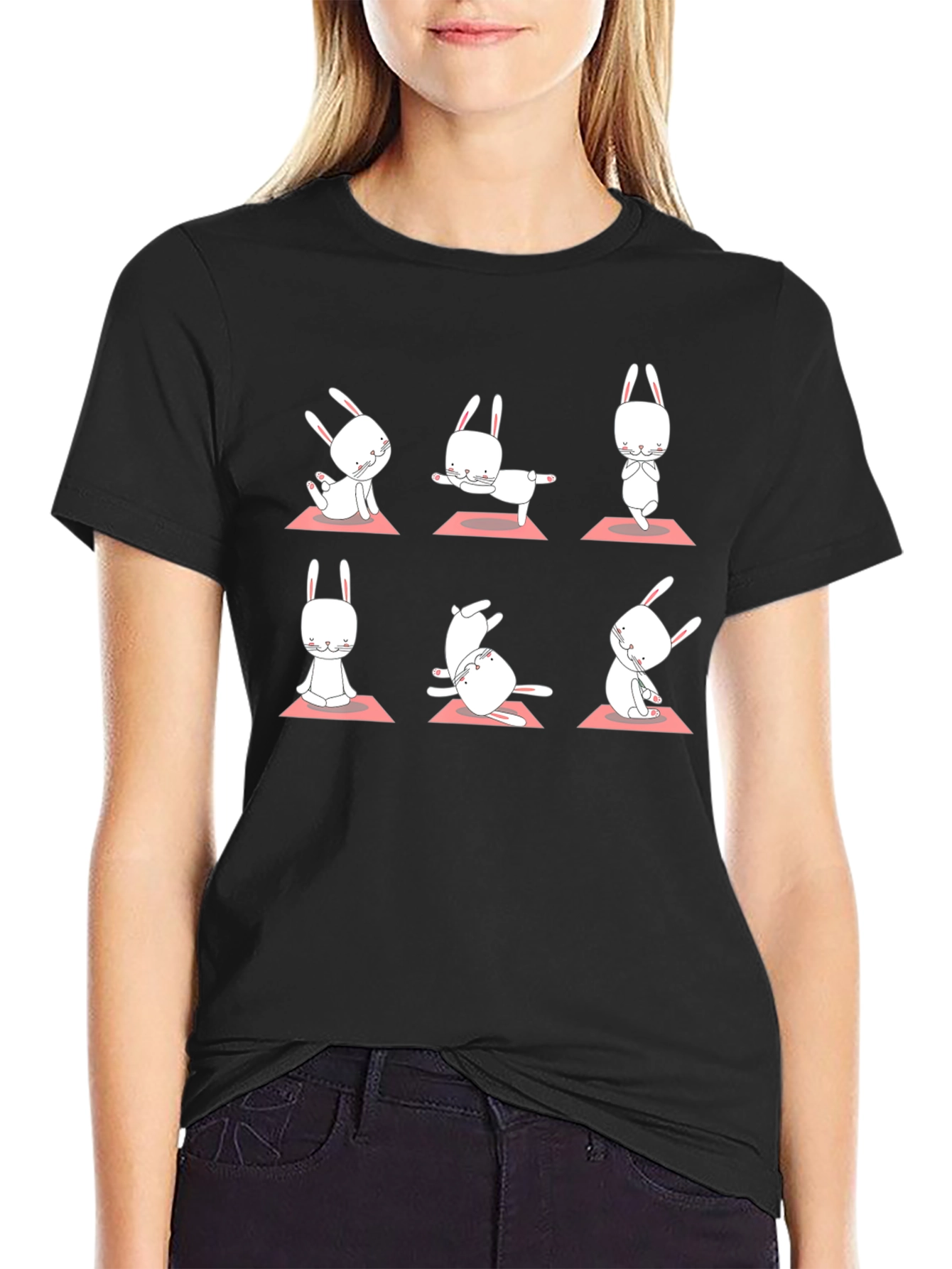 Yoga Bunny Black T-Shirt - Zen Rabbit Poses