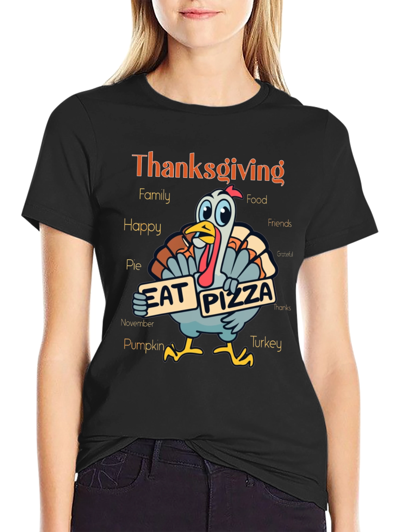 Thanksgiving Turkey Eat Pizza Graphic T-Shirt